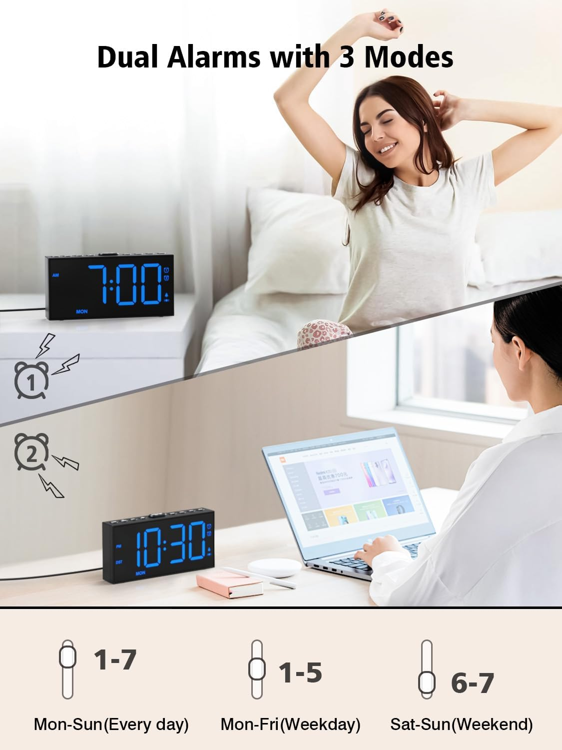 A Loud Alarm Clock With A Bed Vibration Device, Specially Designed For People With Severe Insomnia. It Is Suitable For Those With Hearing Impairments And Deafness. It Has 2 Alarm Functions, 3 Vibratio photo 4