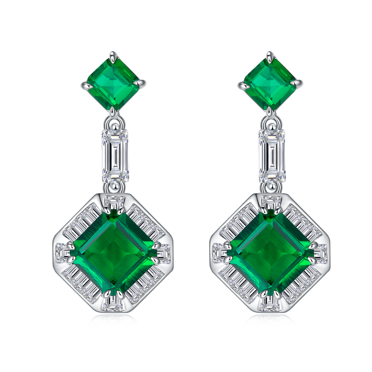S925 Silver 5.3g Lab-Created Emerald Drop Earrings, 5.13ct Geometric Pair photo 1