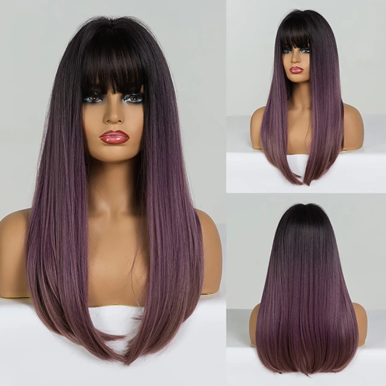 Black Gradient Mixed Purple With Bangs Long Straight Hair photo 1