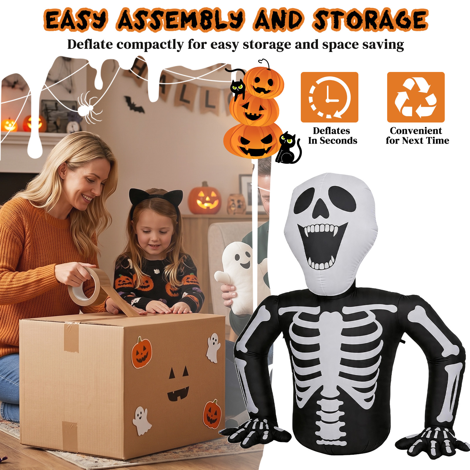 6ft Half-Skull Inflatable Decoration With 3 LED Lights,Black And White,1000mA,12V US Standard photo 4