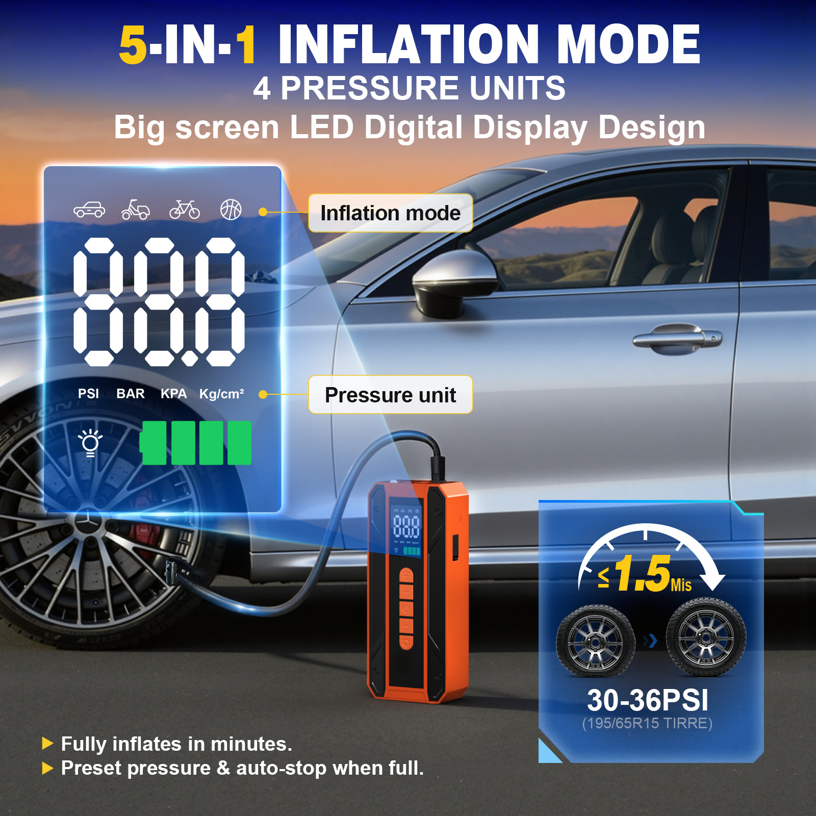 Air Pump Car Jumper Starter Portable Battery Pack With 150PSI Tire Inflator, 12V Jumper Box For Car Charger Battery Booster With LCD Display, 3-Mode Emergency Flashlight photo 7