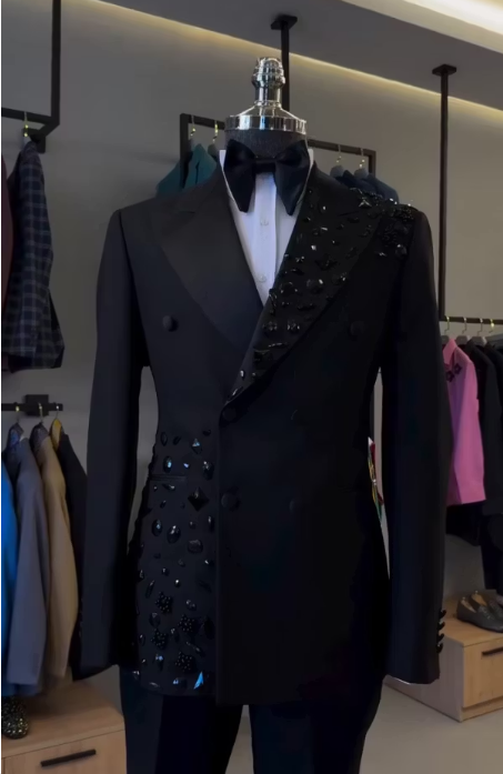 Men's Black Crystal-Embellished Asymmetric Tuxedo Suit Set photo 2