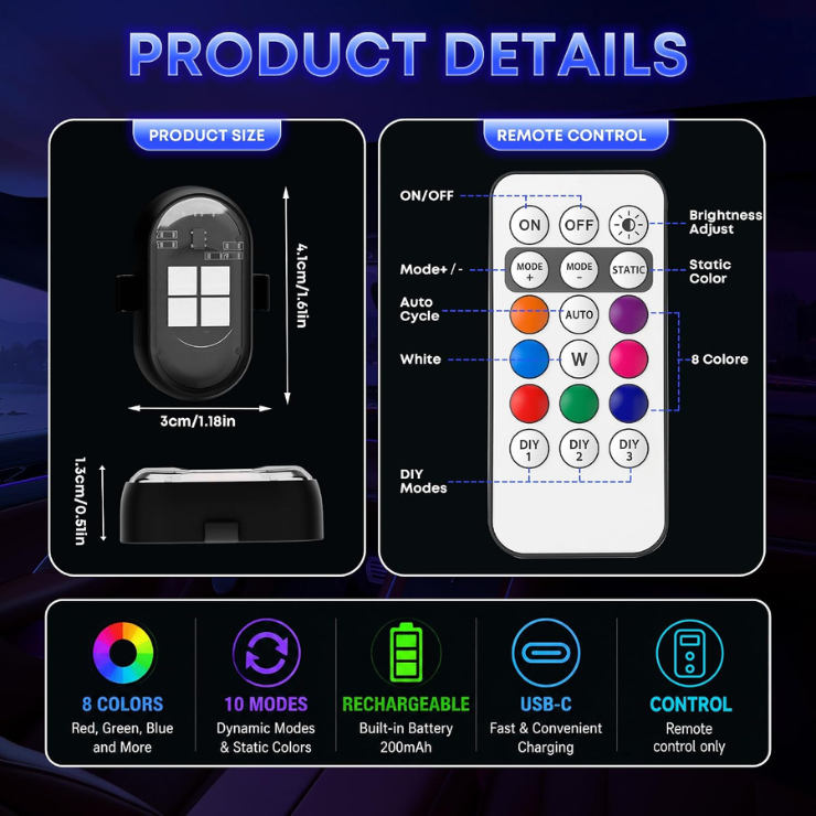 Wireless LED Lights For Car, Rechargeable Interior Car Lights photo 2