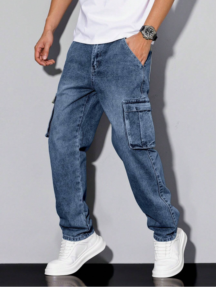 Men's Loose Fit Cargo Denim Jeans Multi Pocket Utility Pants US Ready Stock photo 3