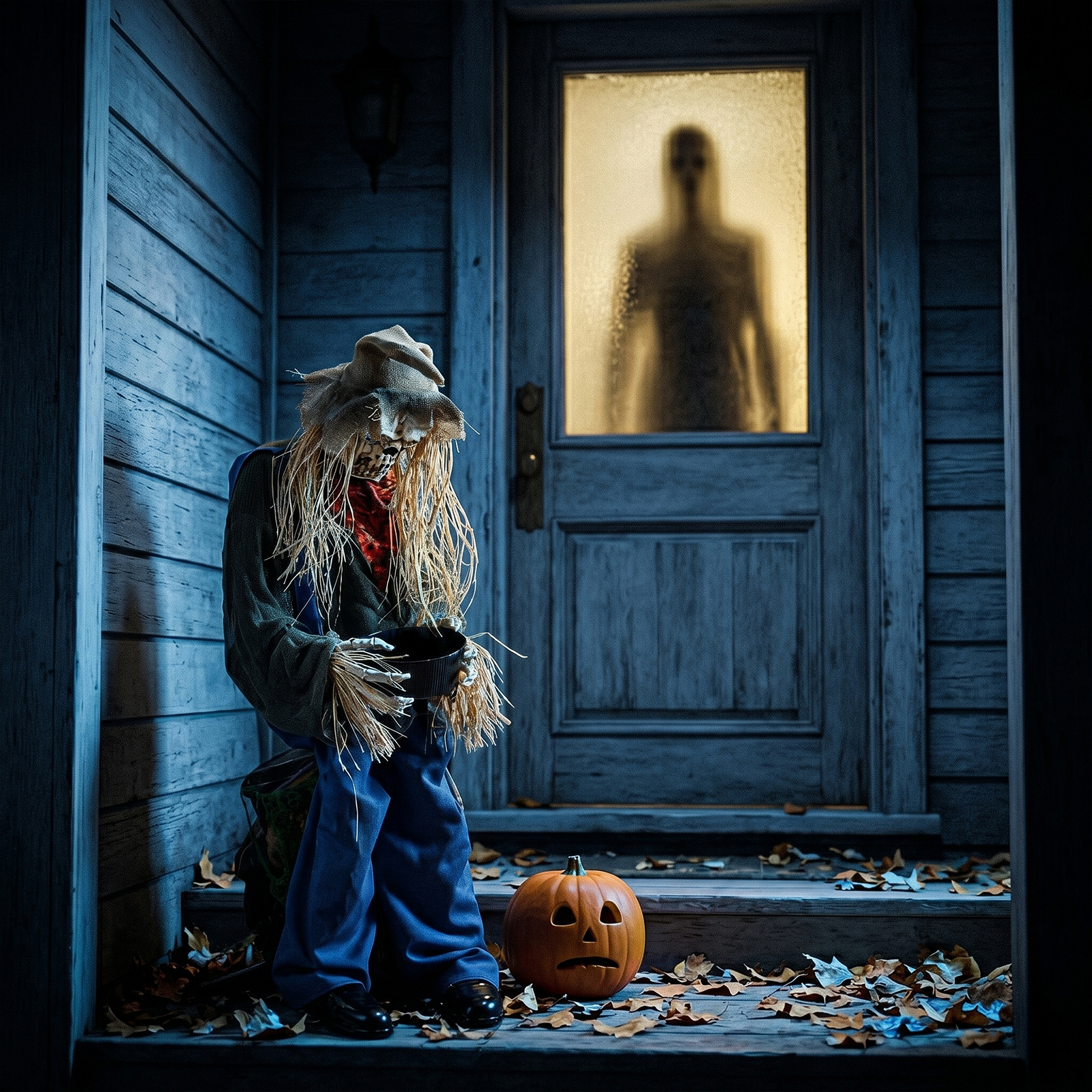 4.5ft Halloween Sitting Scarecrow Decoration With Red Light-Up Eyes,Sound-Activated Head Movement & Male Voice,Detachable Bucket,Battery Operated Batteries Not Included photo 4