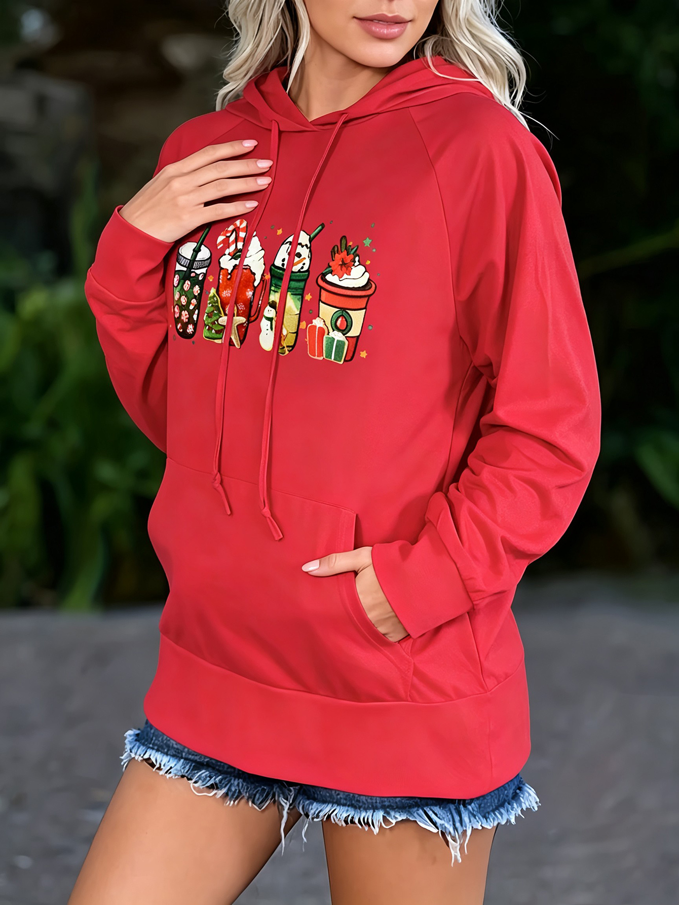 Women Christmas Coffee Cup Graphic Hoodie Drawstring Raglan Long Sleeve Kangaroo Pocket Holiday Pullover Sweatshirt photo 3
