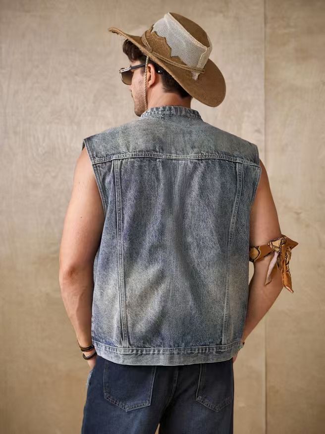 Vintage Washed Denim Vest Men Blue Sleeveless Jean Jacket Retro Casual US Local Stock photo 7