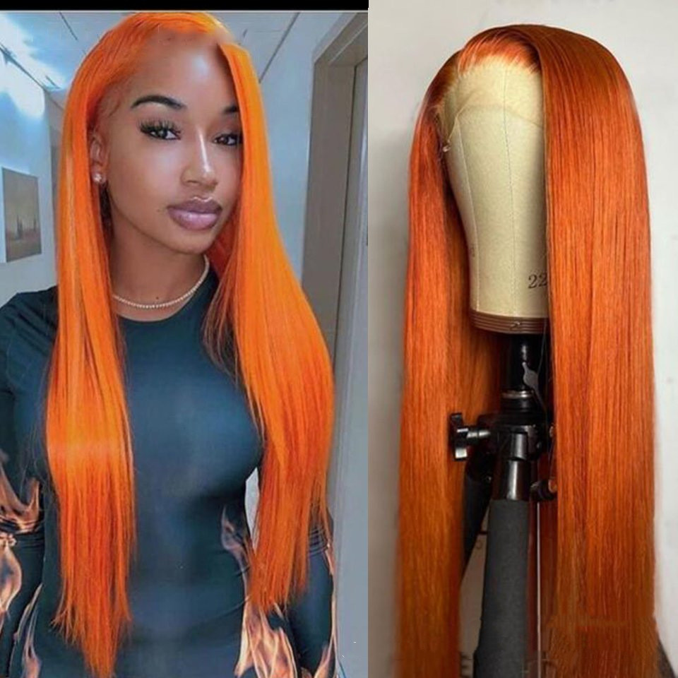 Split Orange Long Straight Chemical Fiber Lace Free Wig photo 4