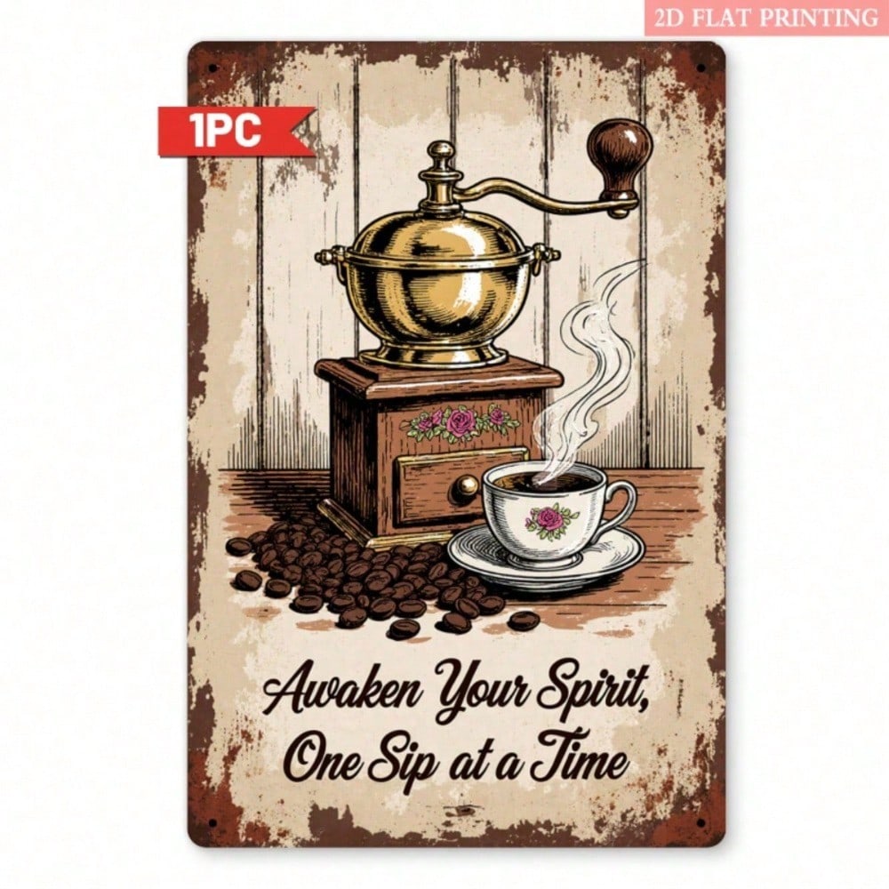 Vintage Coffee Metal Wall Sign, Retro Coffee Bean & Cup 2D Flat Iron Plaque photo 3