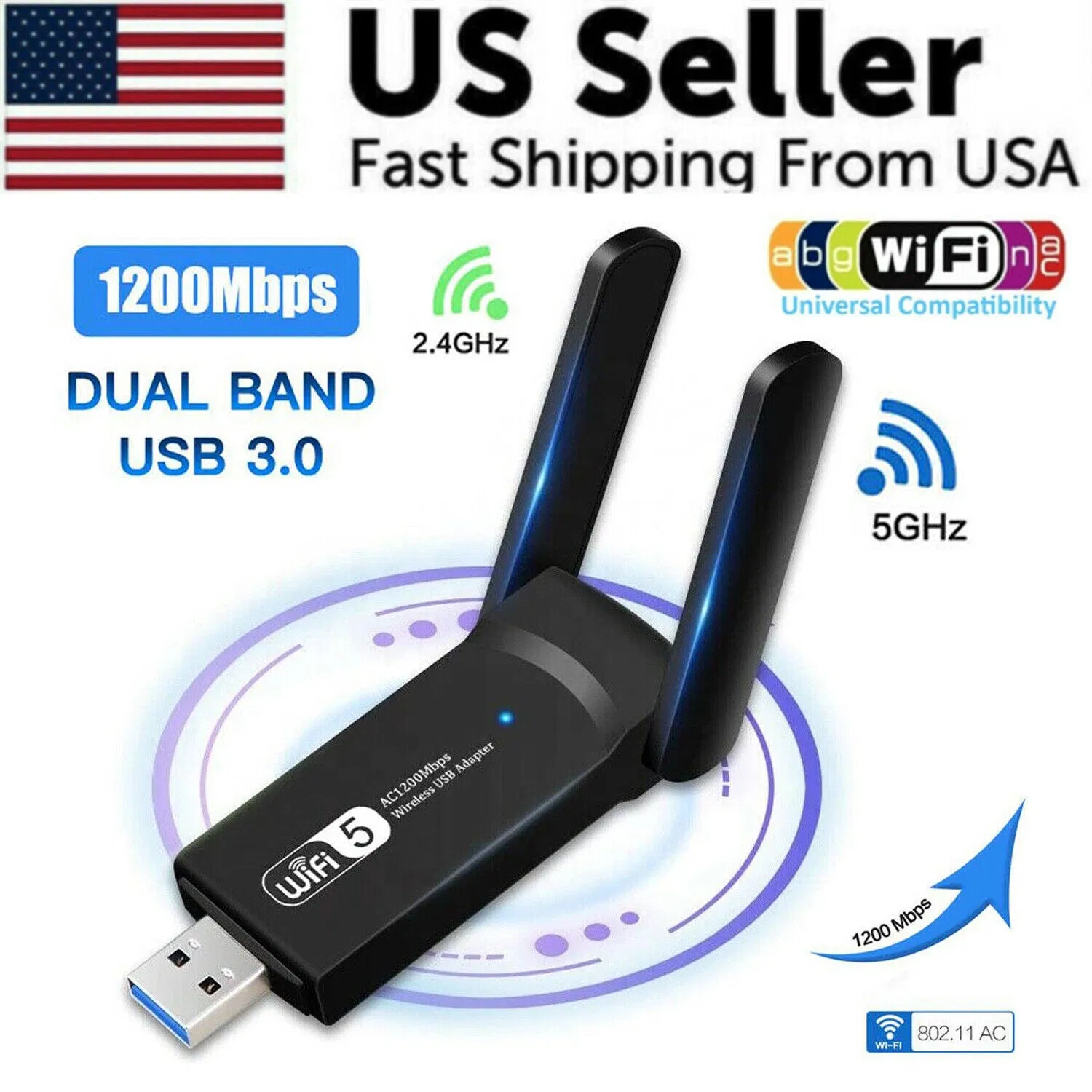 1200Mbps Long Range AC1200 Dual Band 5GHz Wireless USB 3.0 WiFi Adapter Antennas photo 1
