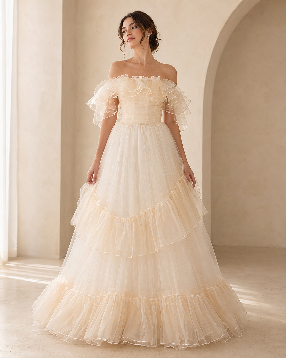 Off-The-Shoulder Ruffle Tiered Tulle Maxi Evening Gown photo 1