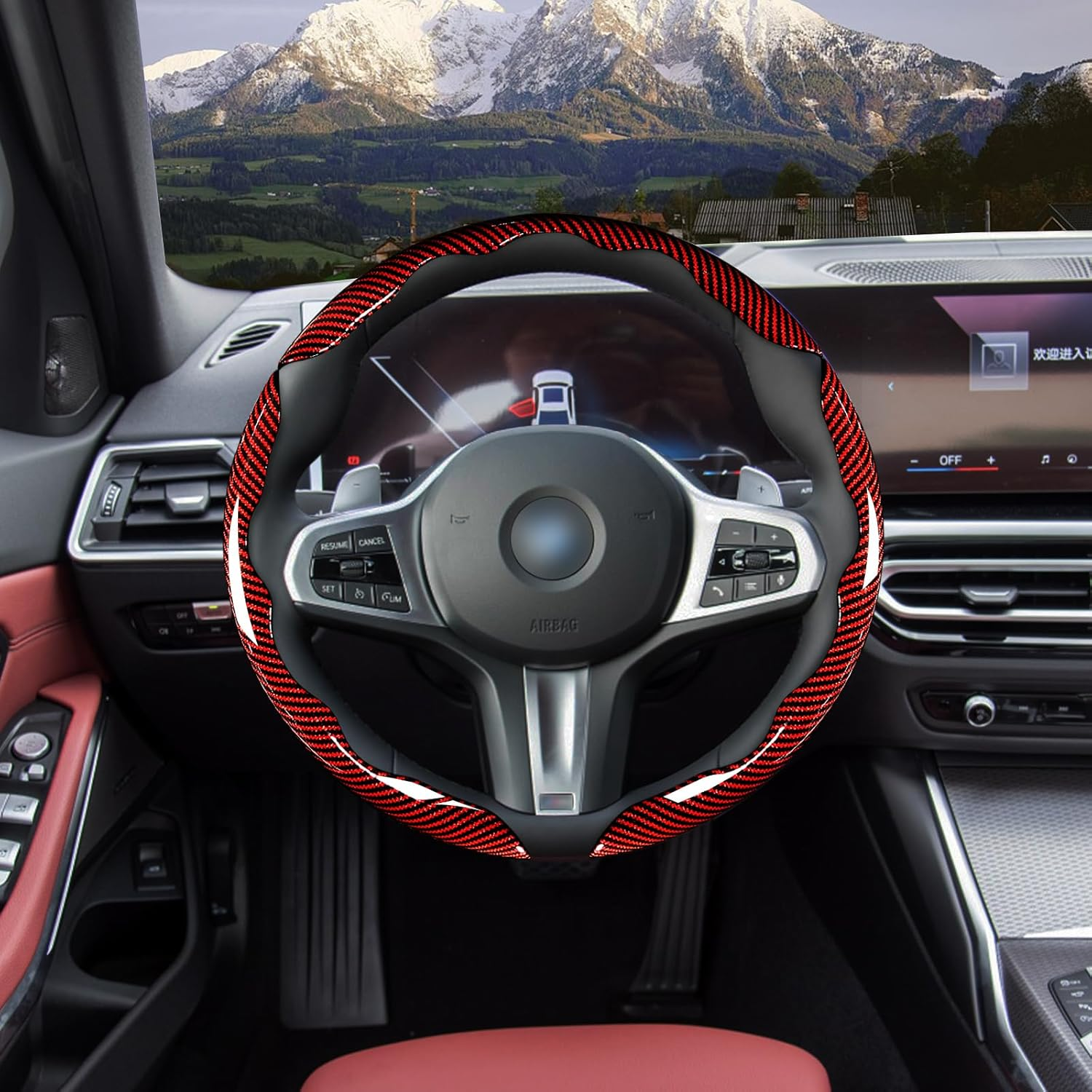 Carbon Fiber Steering Wheel Cover - Three-piece Snap-on Steering Wheel Cover -red photo 3