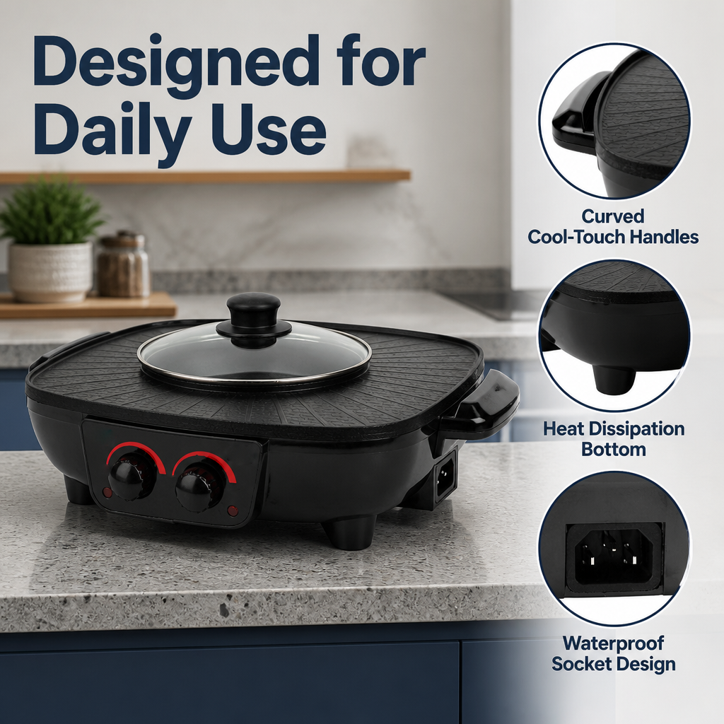2 In 1 Electric Hot Pot BBQ Grill, Non-Stick Smokeless Frying Pan With Adjustable Temp For Home Kitchen Party UK NEW photo 2