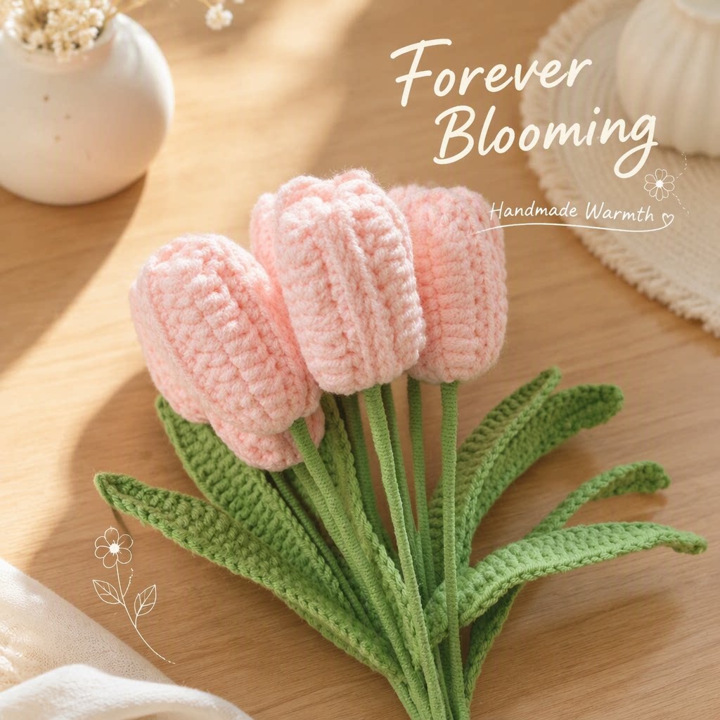 Hand Crocheted Finished Tulip Bouquet Knitted Yarn Handheld Bouquet Artificial Flower For Home Decor Holiday Gift photo 6
