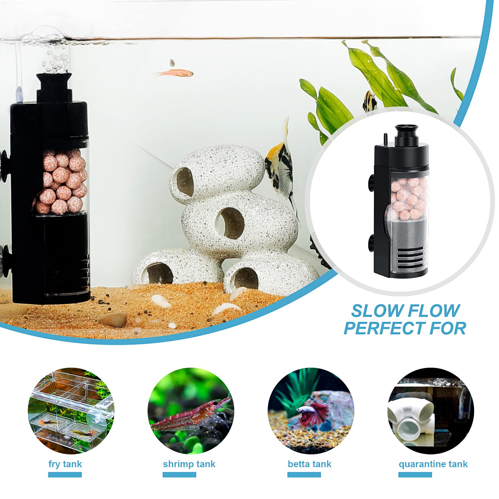 Small Aquarium Bio Sponge Filter With Ceramic Balls, 2-5 Gallon Fish Tank Filter For Breeding Fry Betta Shrimp Nano Tanks photo 3