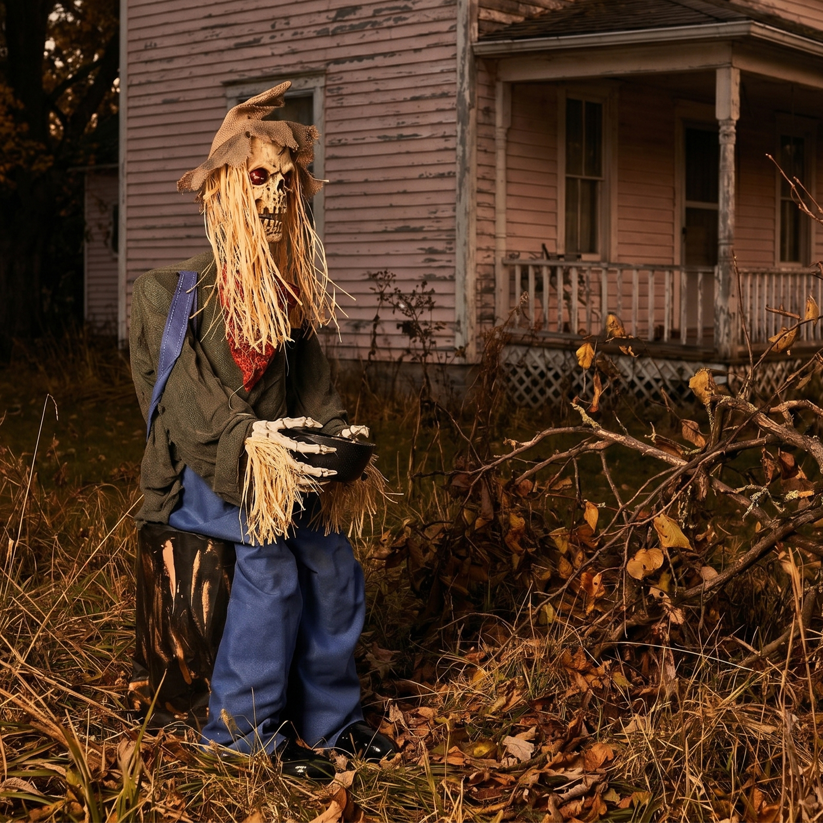 4.5ft Halloween Sitting Scarecrow Decoration With Red Light-Up Eyes,Sound-Activated Head Movement & Male Voice,Detachable Bucket,Battery Operated Batteries Not Included photo 1