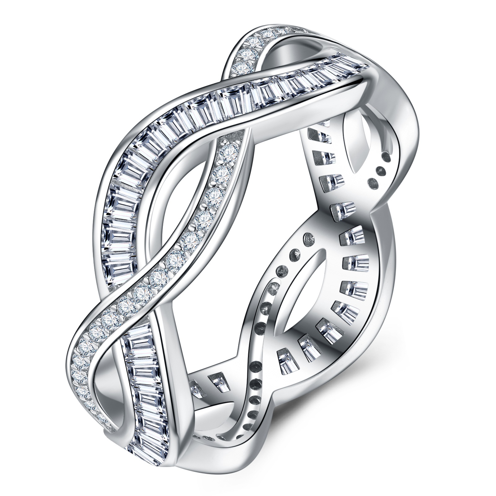 S925 Silver 3g Baguette Moissanite Intertwined Ring, D VVS1, GRA US 5-8 photo 1