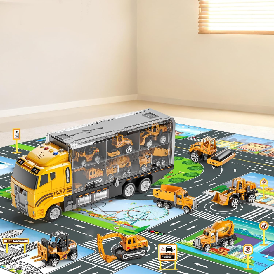 Construction Truck Toy Set For Kids, Die-Cast Toy Vehicles With Play Mat & Transport Carrier Truck, Pretend Play Toys For Boys Ages 3-8 photo 5