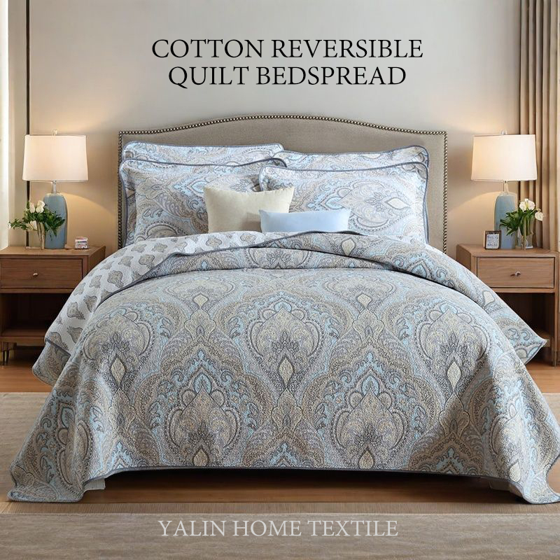 3x Dense Quilting Anti-Static Fade Proof Machine Washable All Season Lightweight Bedding 3-Piece Gray Blue Paisley Damask Quilted Bedspread Set Cotton Filled Reversible Coverlet Skin-Friendly Soft photo 1