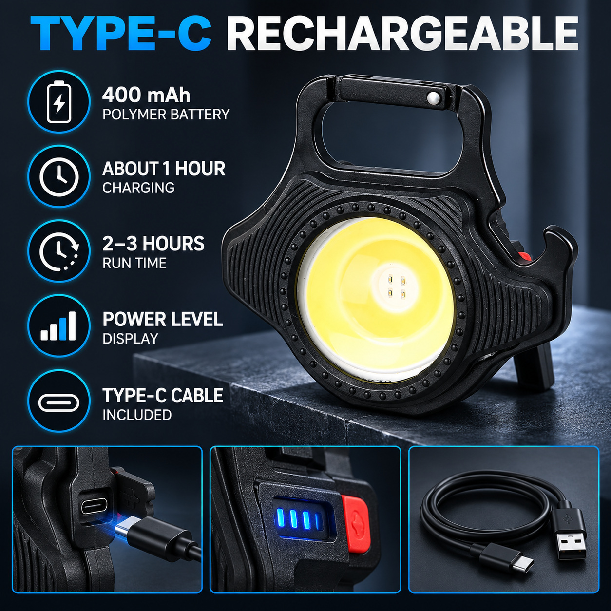 Rechargeable Magnetic Battery Display Type C LED Work Light Hanging Hook W5133 620LM Flashlight COB photo 2