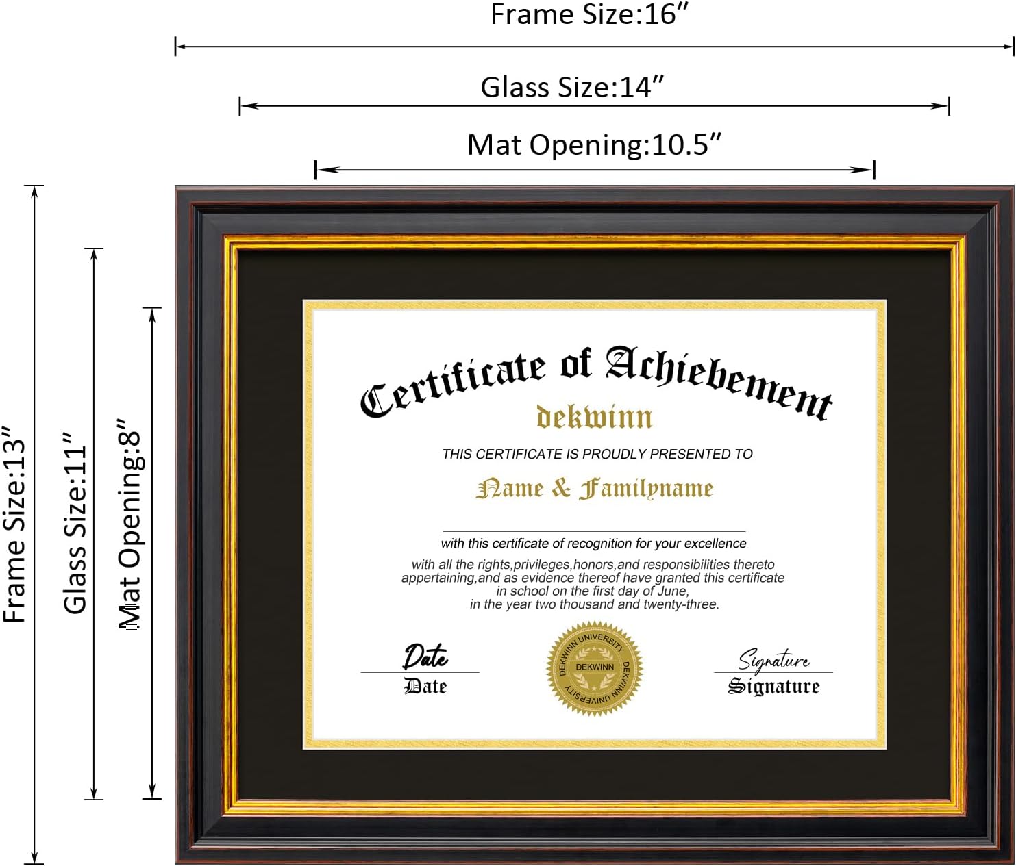Diploma Frame 8.5x11 With Mat Or 11x14 Without Mat, Black Gold Certificate Document Frame With Real Glass photo 4