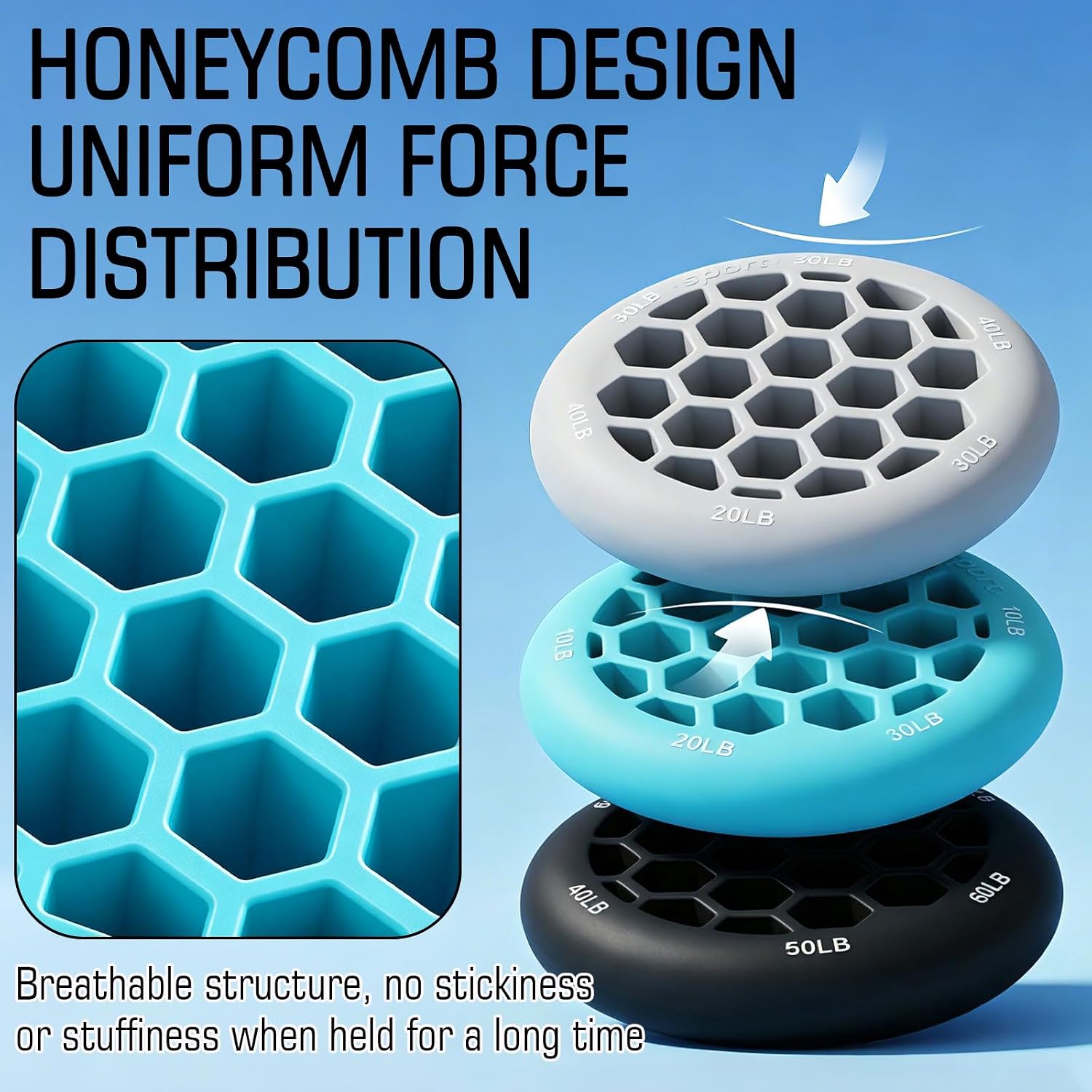 Honeycomb Adjustable Silicone Hand Exerciser & Grip Strengthener Rings, 10-60 LB Finger Exerciser & Grip Ball For Hand Strengthening, Rehabilitation, And Fitness Training photo 2
