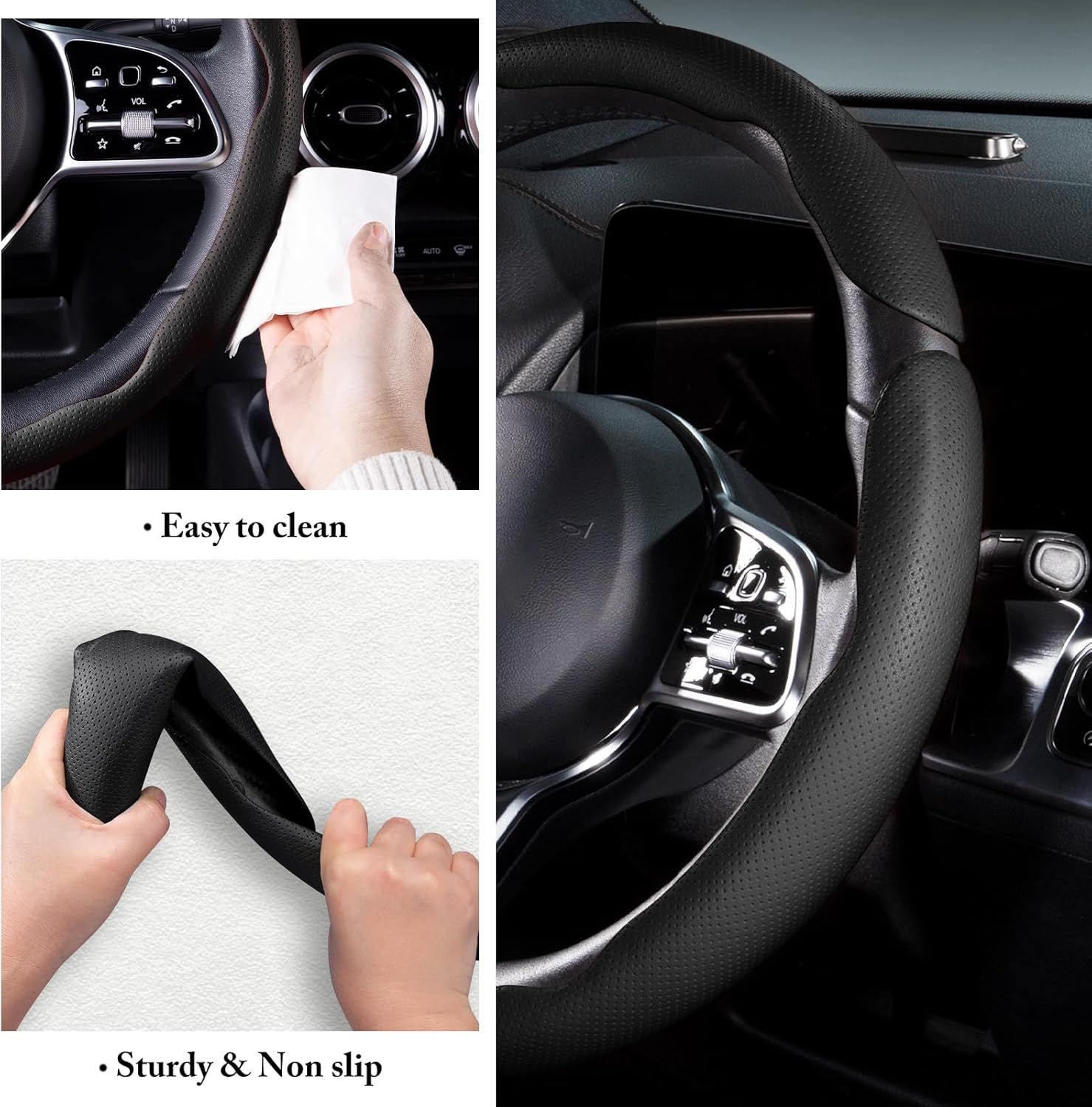 Car Steering Wheel Cover - Leather Snap-on Three-piece Set - Anti-slip Protection Cover - Steering Wheel Control Accessory - Universal Model - Black And Gray photo 5