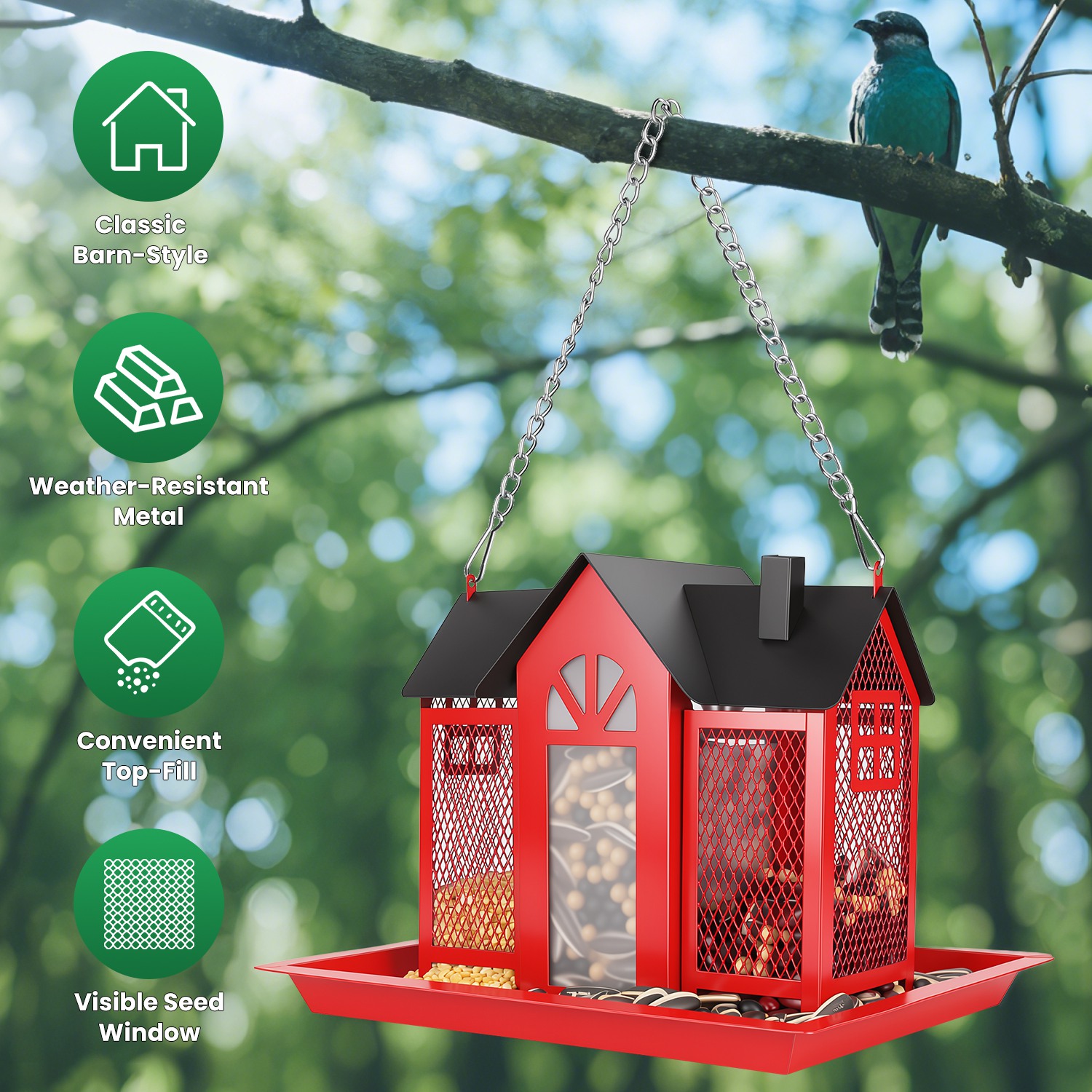 1Pc  Metal Hanging Bird Feeder House Classic Barn Bird Feeder House Iron Hanging Outdoor Feeder With Visible Window And Lift Top Lid 15.75in Hanging Length Wild Birds Garden Yard photo 7