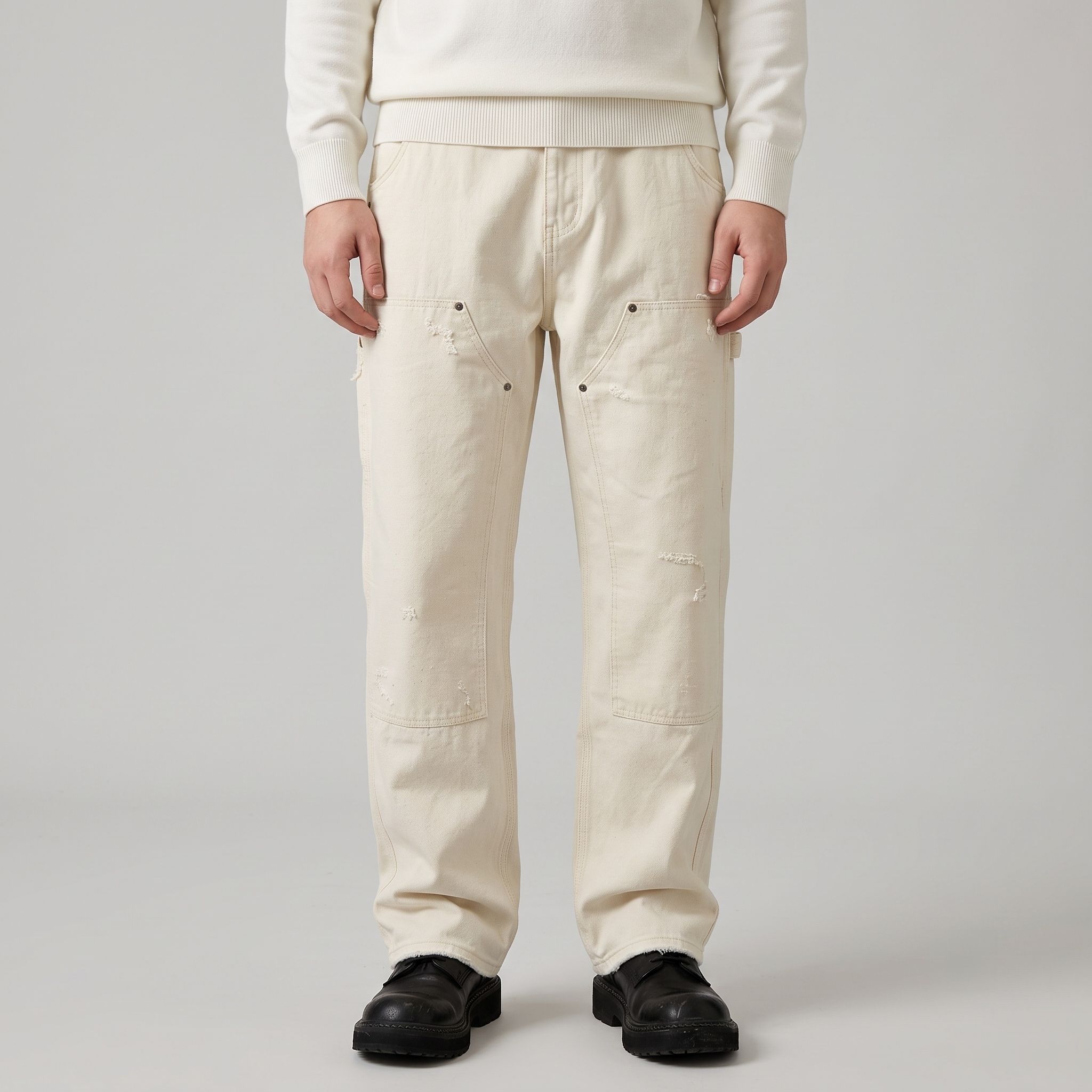 White Cargo Jeans Men Loose Fit Denim Pants Workwear Style Big Size Plus Size Streetwear Ready Stock photo 6