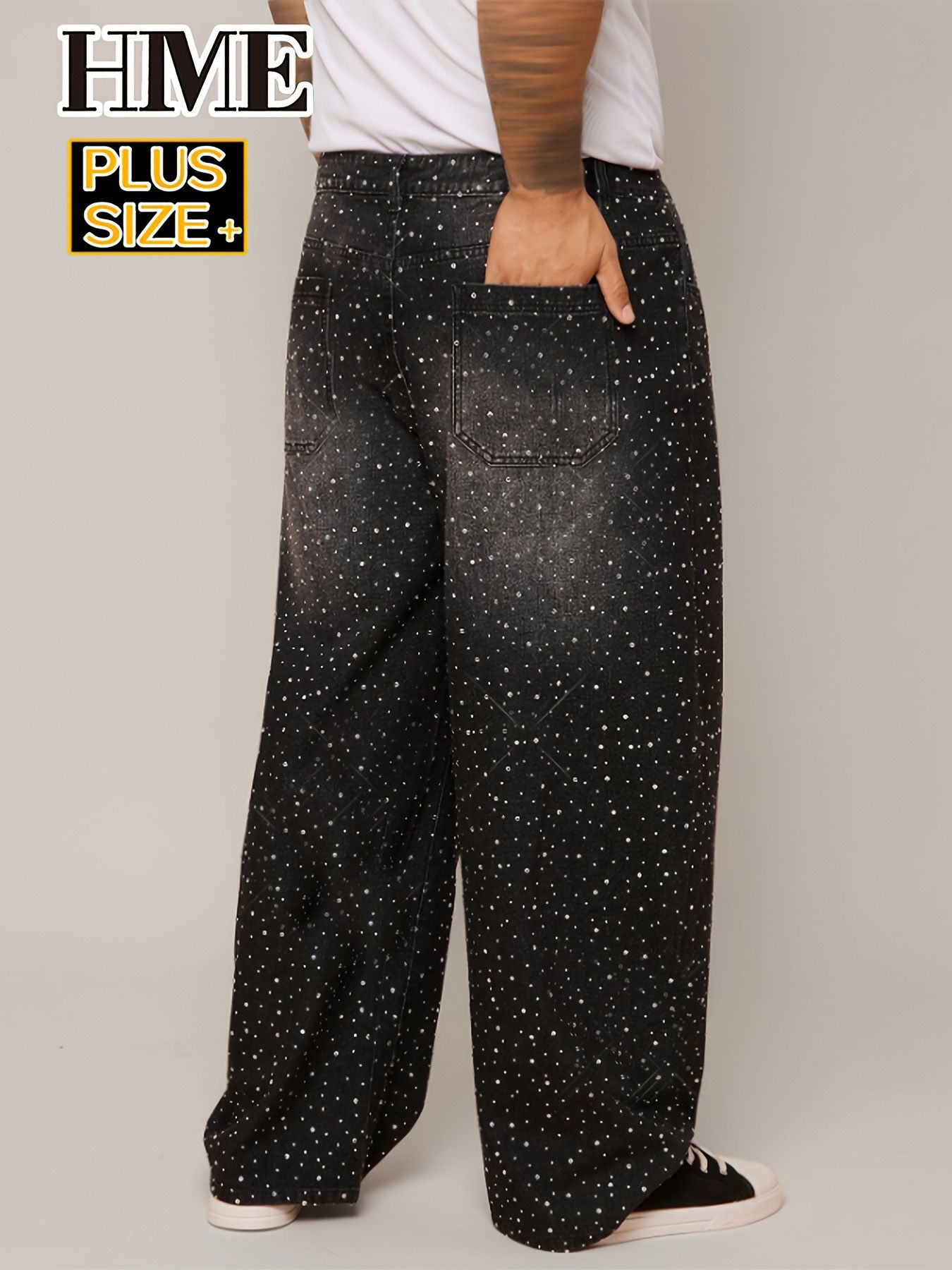 Rhinestone Black Jeans Men Loose Fit Denim Pants Fashion Streetwear Plus Size Big Tall Jeans Ready Stock photo 8