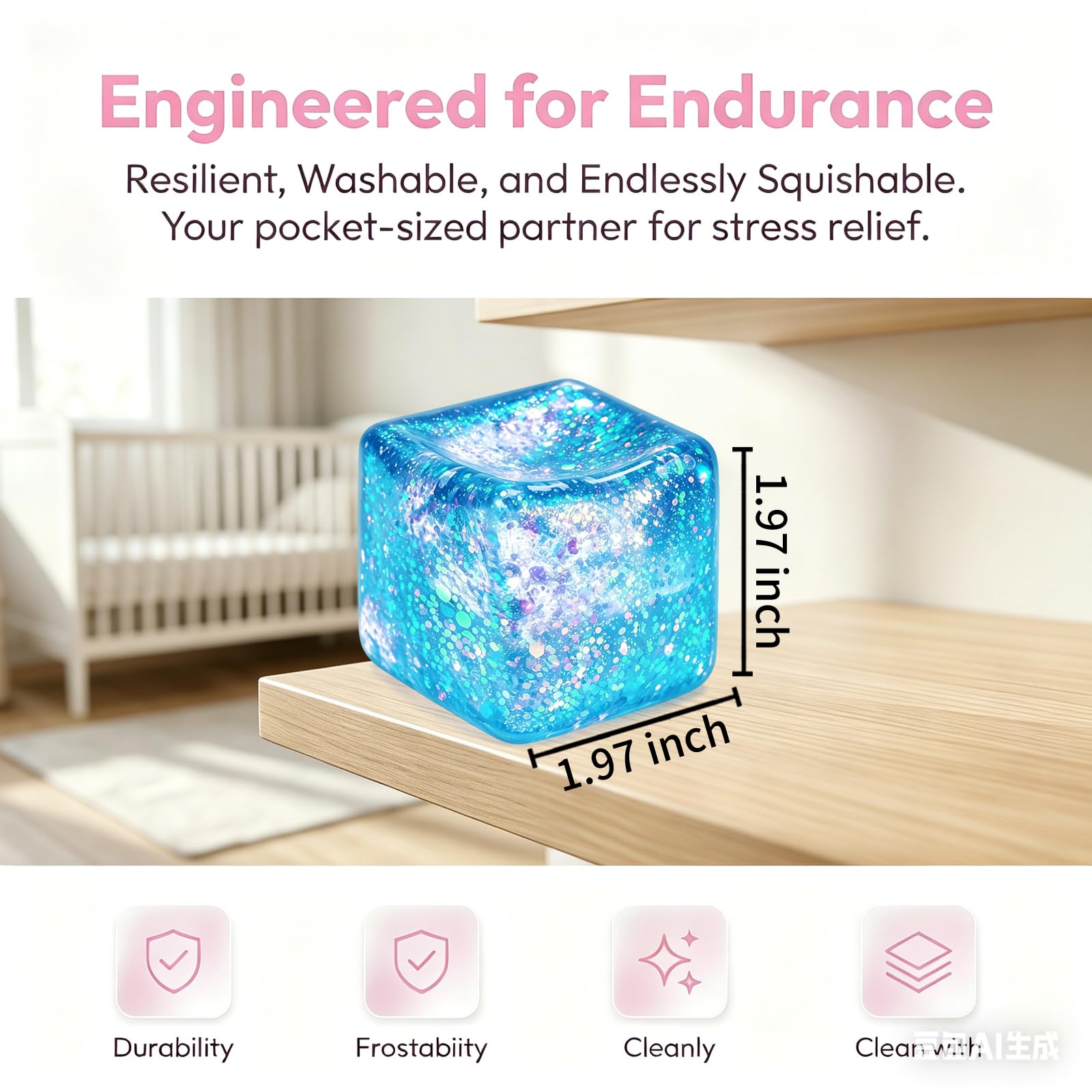 1pc Glitter Cube Squishy Fidget Toys, Slow Rising Squeeze Toy Square Stress Balls For Adults And Kids, Filled With Thick Substance And Glitter, Office Desk Toy For Anxiety Relief photo 4