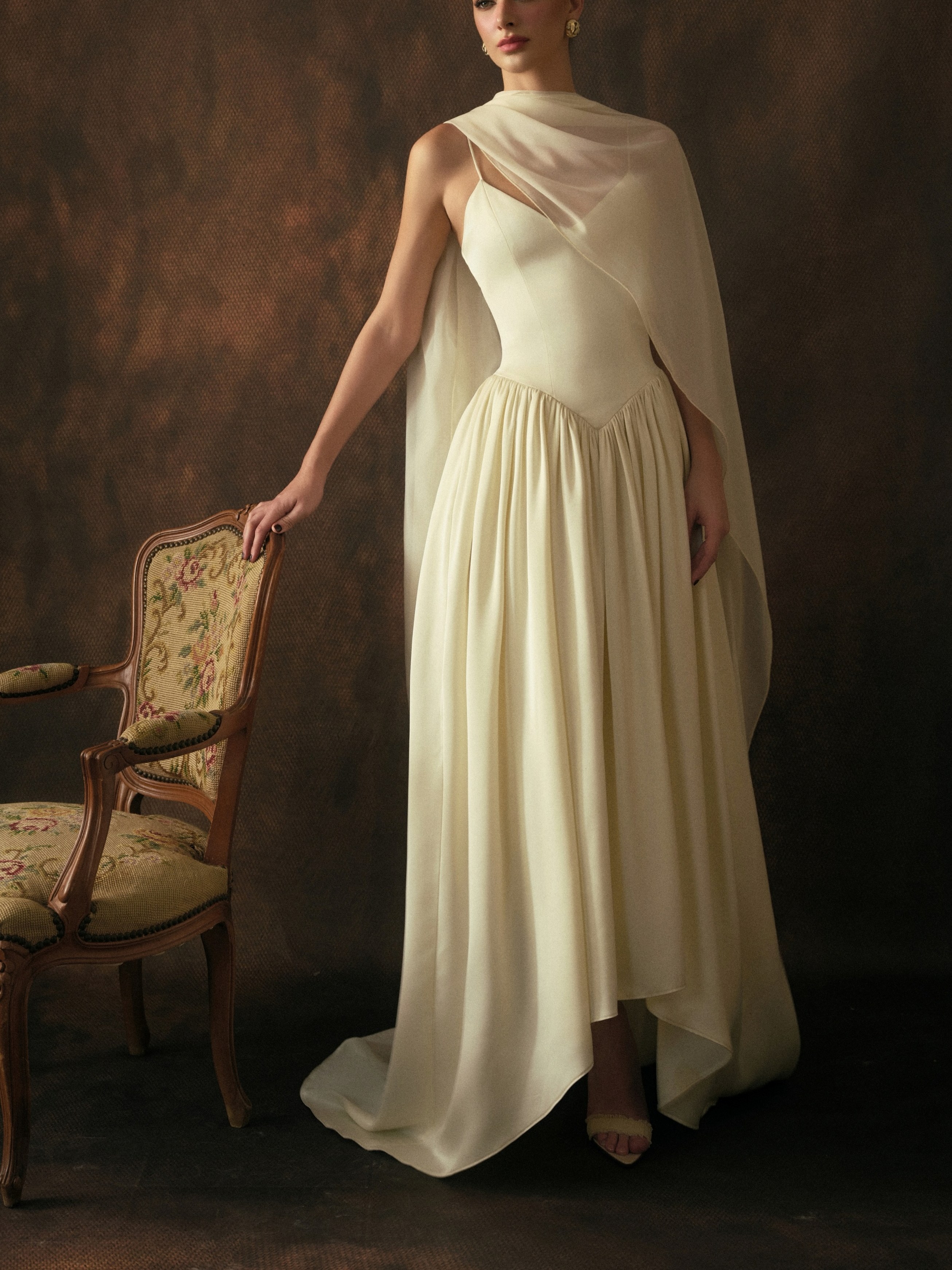 Satin Spaghetti Strap Wedding Evening Gown With Scarf photo 6
