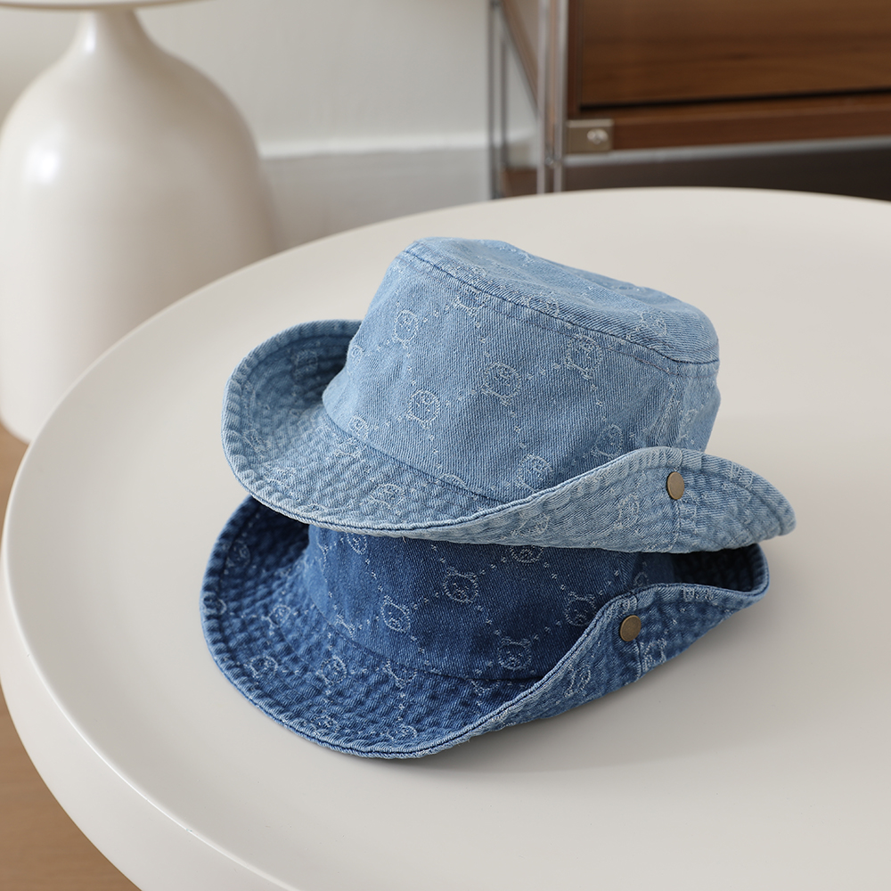 Washed Denim Jacquard Little Bear Fisherman Hat With Wide Brim And Rolled Edge Bucket Hat For Big Children's Outdoor Play And Leisure photo 7