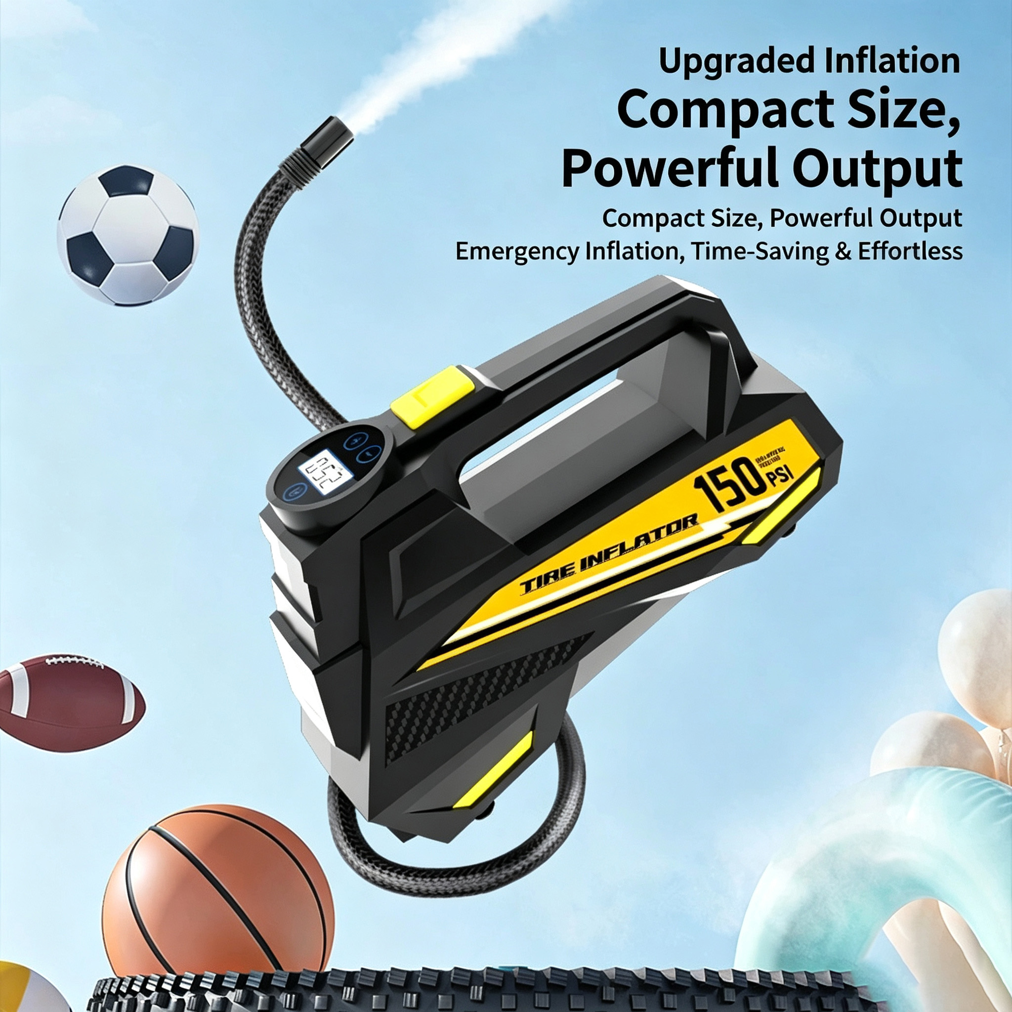 Portable Tire Inflator, 150PSI Car Air Compressor Pump Smart Digital Display With Auto Stop LED Lighting 12V Electric Tire Air Pump For Car Motorcycle Bicycle Tires And Balls photo 3