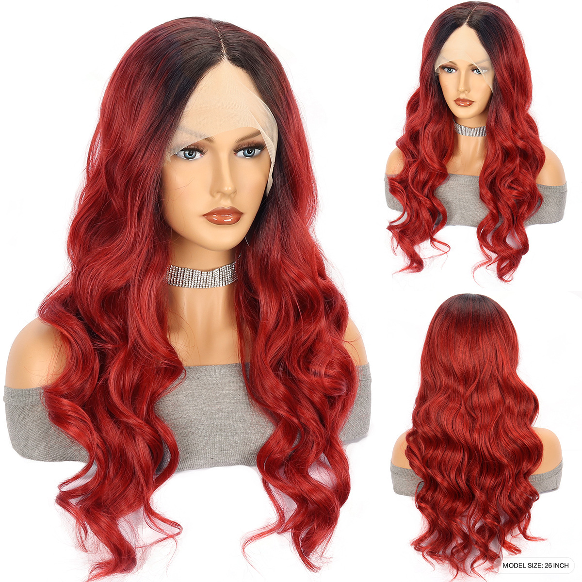 Red Large Wave Long Curly Hair Chemical Fiber Head Cover photo 2