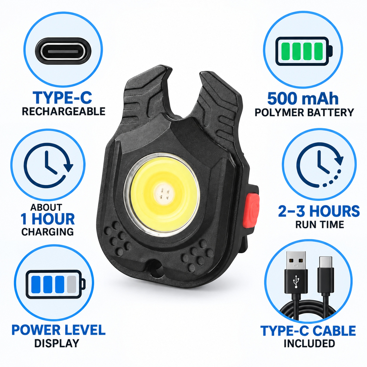 Rechargeable Magnetic Battery Display Type C LED Work Light Hanging Hook W5129 500LM Flashlight Portable photo 4
