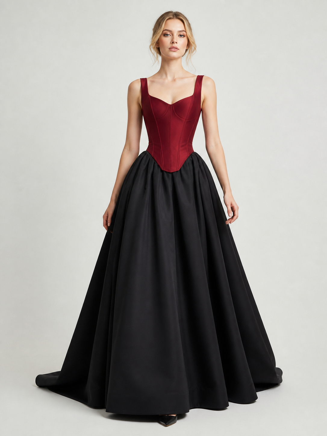 Burgundy Corset Bodice Black Satin Ball-Gown Evening Dress photo 1