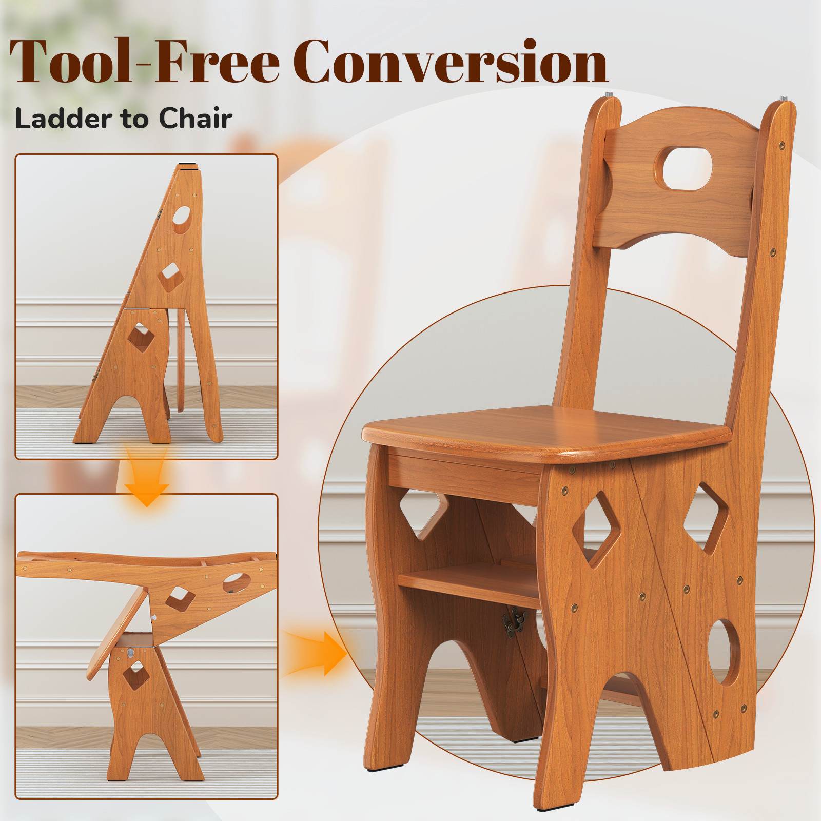 Multipurpose Folding Wooden Library Step Ladder Chair Step High Chair Step Stool photo 4