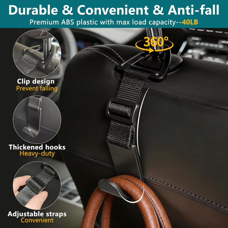 Amooca 4 Pack Anti-drop Headrest Hooks Adjustable Car Seat Organizer photo 3