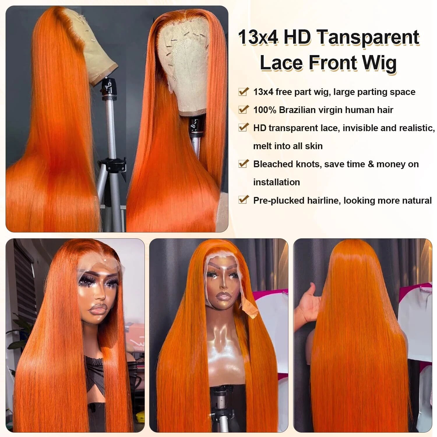 13x4 Straight Human Hair Lace Front Wig Ginger Yellow Density photo 5