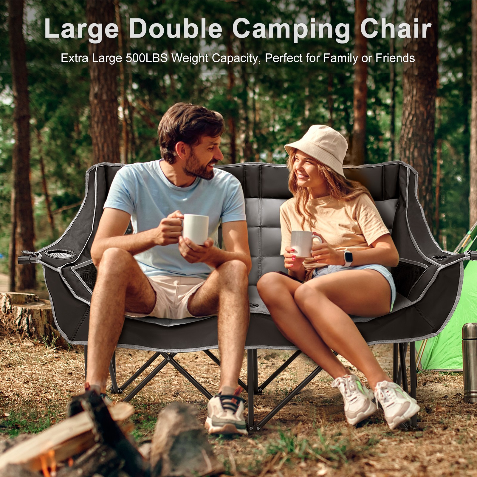 Double Camping Chair, Folding 2 Person Camping Chair Loveseat With Cup Holder photo 1