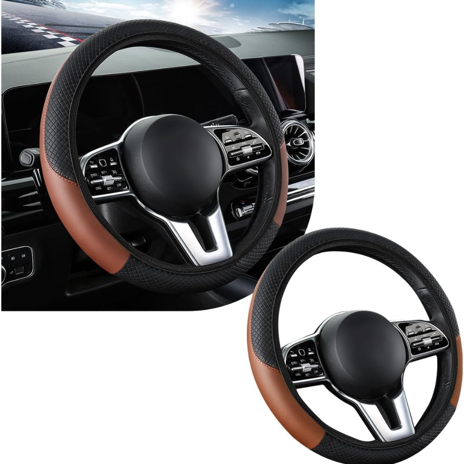 Car Steering Wheel Cover, 15 Inch Leather Breathable Auto Steering Wheel Protector, Comfortable Non-Slip Vehicle Steering Wheel Covers, Universal Interior Car Accessories Black&Coffee, AD photo 1