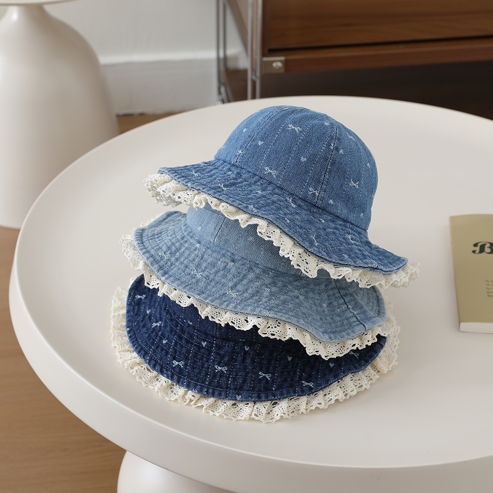 Children's Sweet And Cute Lace Edge Wide-brimmed Fisherman Hat With Washable Jacquard Butterfly Knot Heart Bucket Style Hat photo 4
