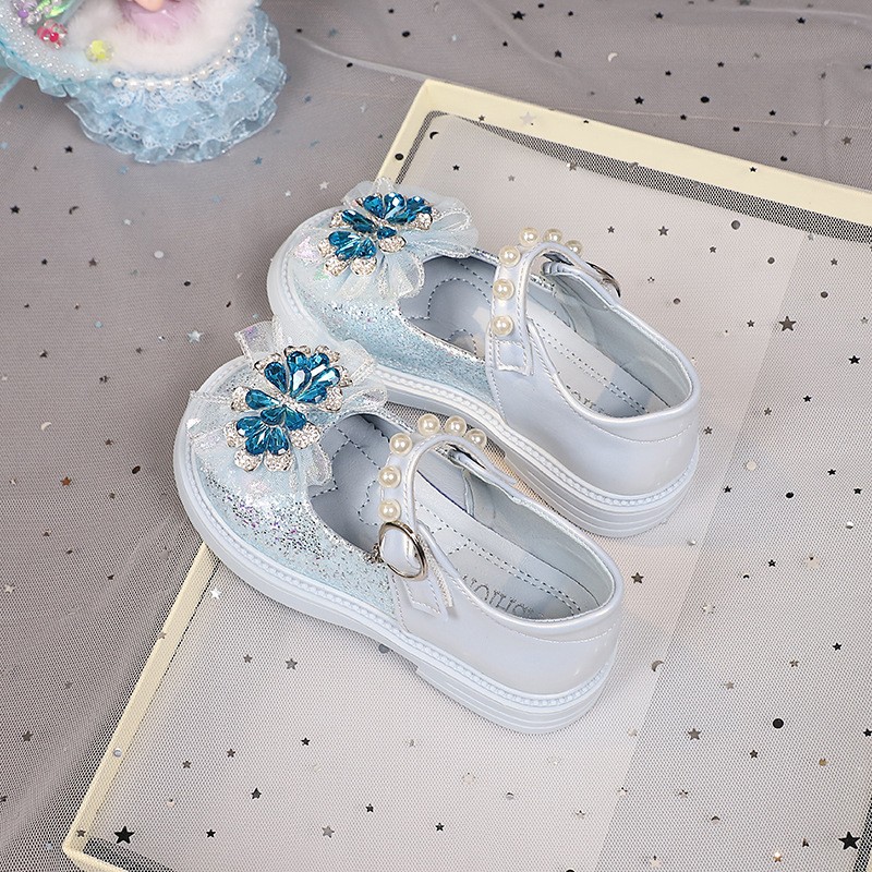 2026 Spring & Autumn New Girls Light-Up Princess Leather Shoes, Elsa Crystal Soft Sole Flat Shoes, Little Girls Pearl Decor Single Shoes photo 2