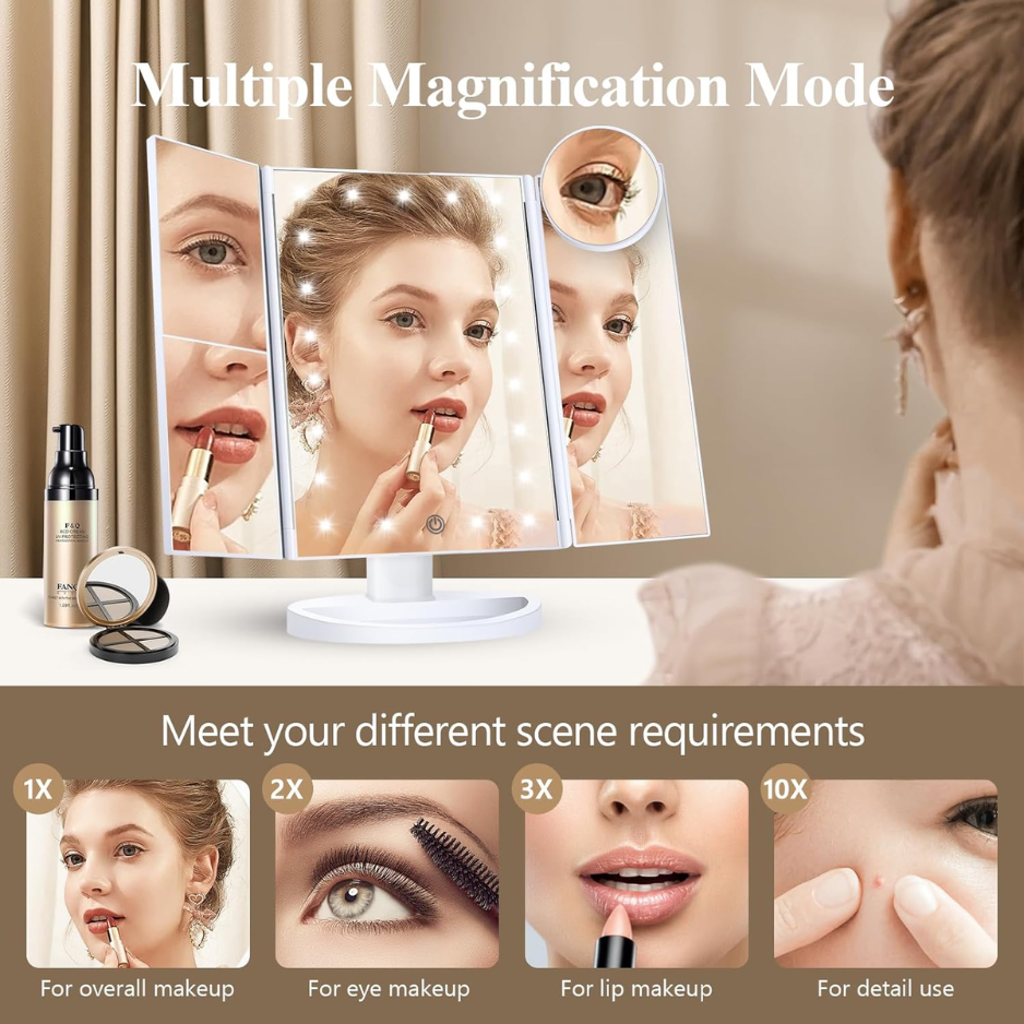 Magnifying Vanity Mirror With Light, Trifold Makeup Mirror Touch Dimming, Dual Power, Clear View For Makeup, Skincare. Dorm Room photo 4