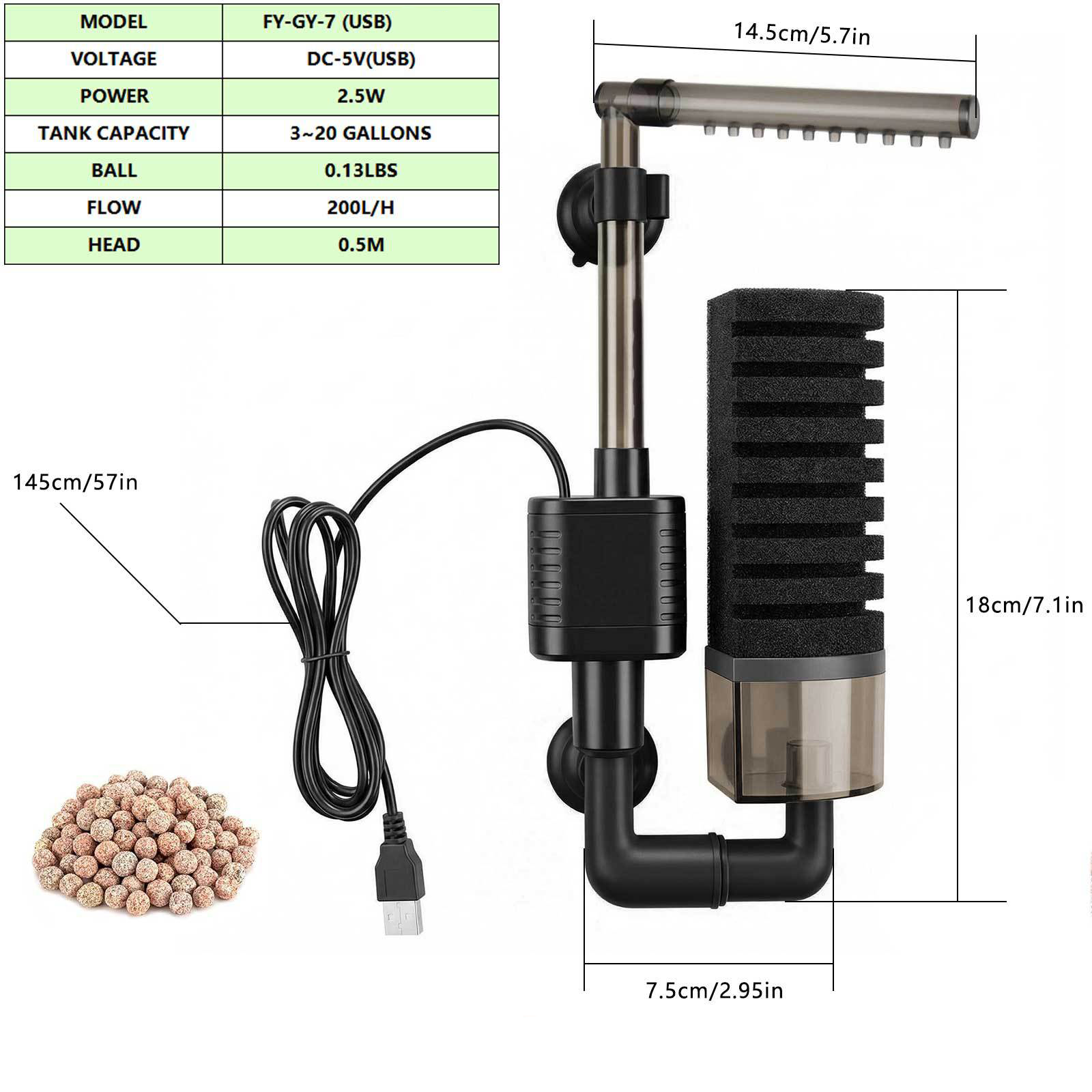 Aquarium USB Filter Sponge Fish Tank Quiet Bubble Filter With 1 Bag Of Filtered Ceramic Balls For Salt Water And Fresh Water photo 7