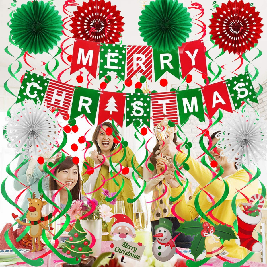 Merry Christmas Banner Paper Fan Flower Circle Confetti Dots Hanging Garlandand Swirl Streamers Christmas Tree photo 4