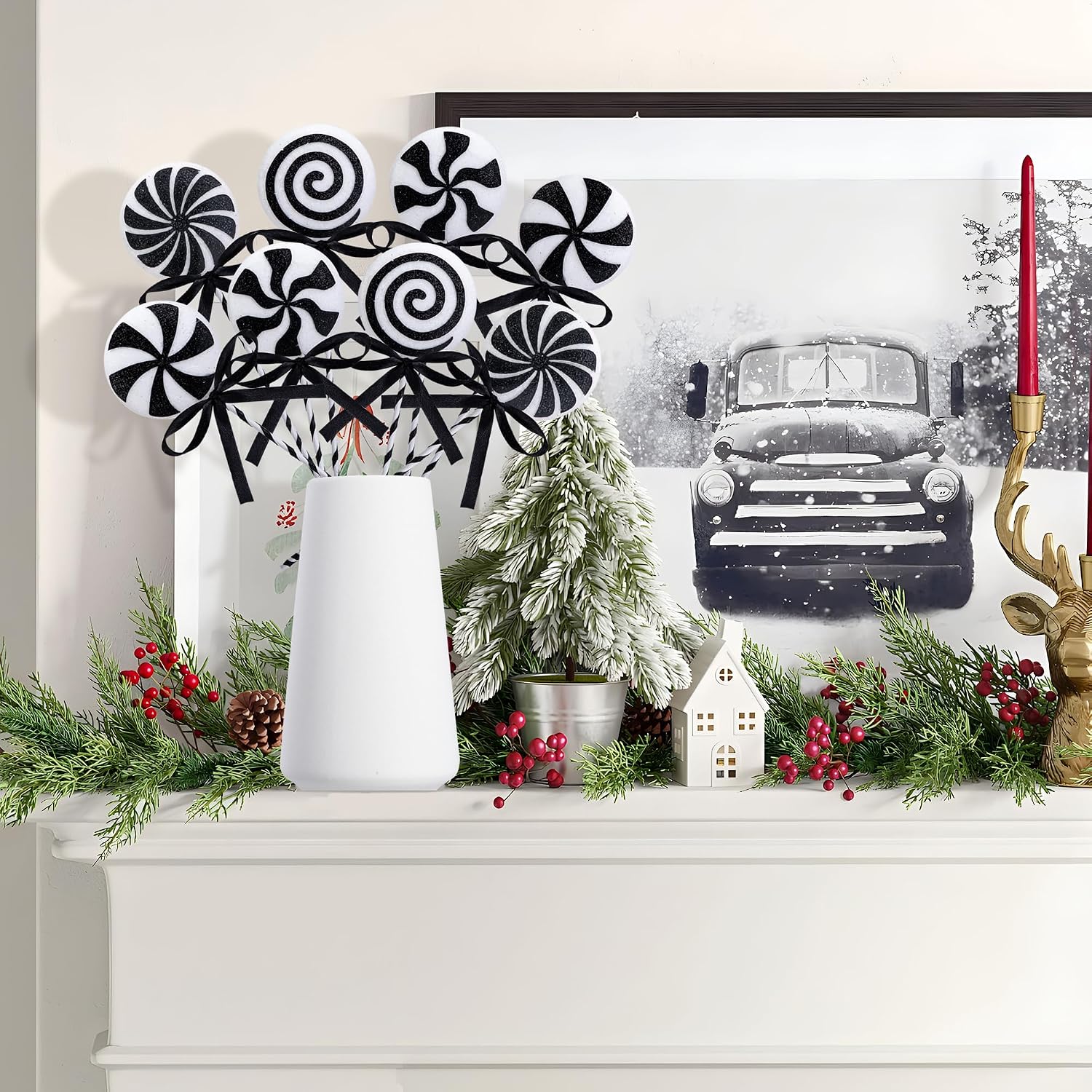 Christmas Swirl Lollipop Tree Picks 12 Units, 8.5 Inch Black White Picks For Vase, Wreath, Stairs, Garland And Tree Decor photo 5