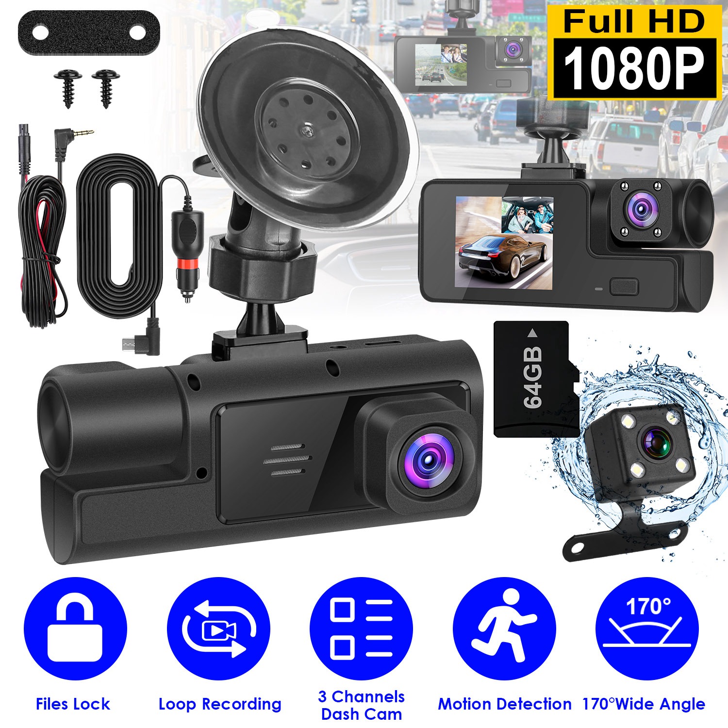 1Pc WiFi FHD 1080P Car Dash Cam 3 Channels Front Rear Inside Dash Camera With Loop Recording Reversing Visual 170 Degree Wide Angle 64G Card Included photo 1