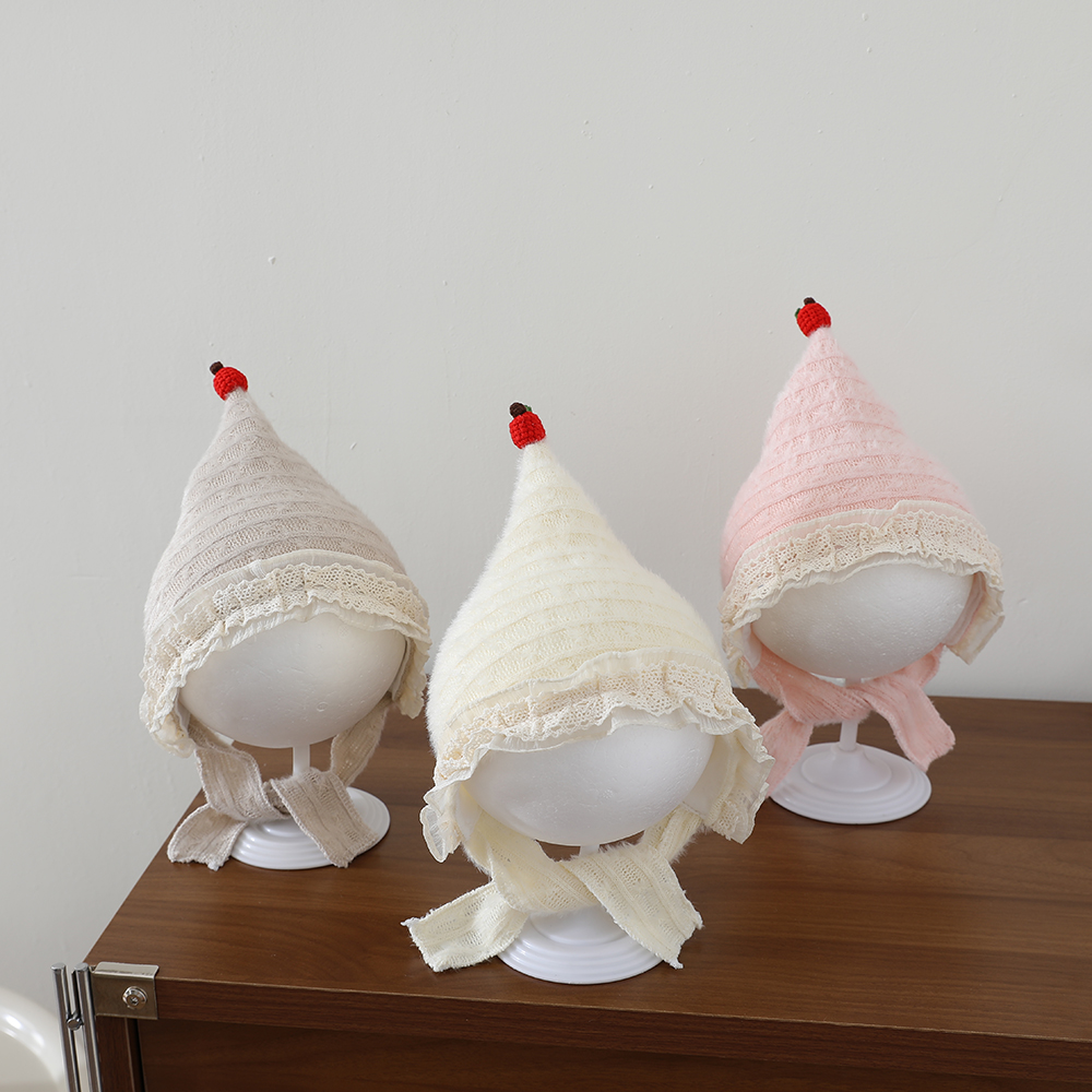Sweet Style Baby Plush Pointed Hat With Baby Lace Trim And Drawstring Ear Protectors, Outdoor Warm Knitted Hat photo 3